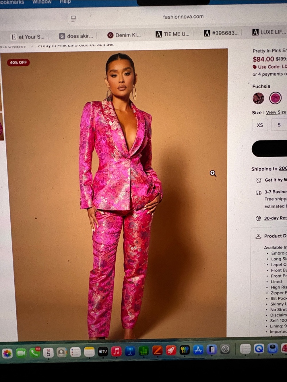 Fashion Nova Fuchsia Embroidered Satin Blazer & Pants